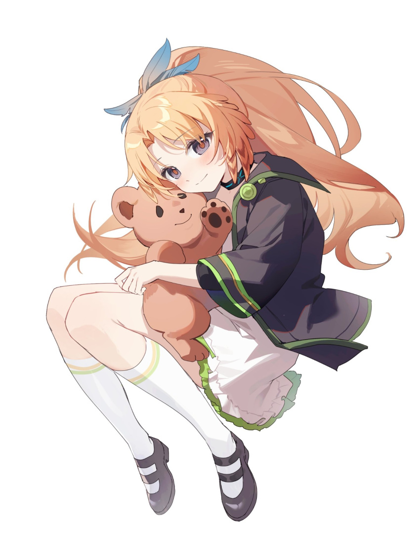 1girl arknights black_eyes black_footwear black_jacket blush closed_mouth dress feather_hair floating_hair highres holding holding_stuffed_toy hugging_object infection_monitor_(arknights) jacket kneehighs knees_together_feet_apart long_hair long_sleeves looking_at_viewer open_clothes open_jacket orange_hair orange_pupils parted_bangs pinecone_(arknights) ponytail shoes sidelocks simple_background smile socks solo stuffed_animal stuffed_toy teddy_bear white_background white_dress white_socks yunweishukuang
