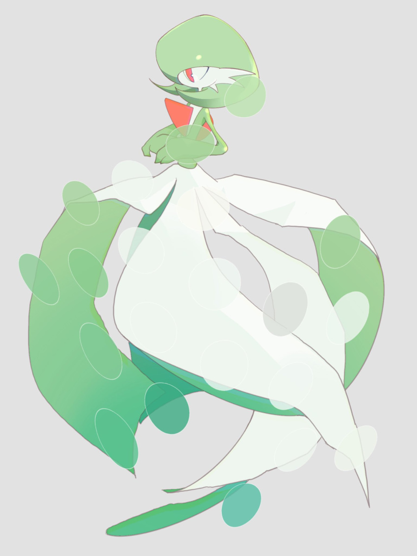 bob_cut colored_skin dress from_side gardevoir green_hair green_skin grey_background highres multicolored_skin mxlaghrsuk33yws pink_eyes pokemon pokemon_(creature) simple_background two-tone_skin white_dress white_skin