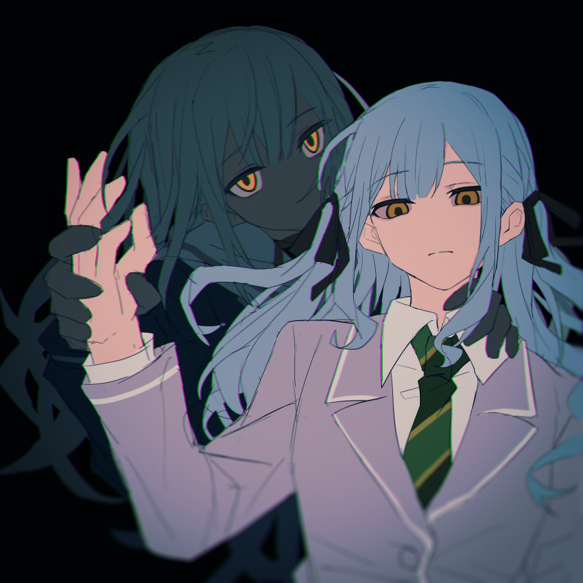 2girls bang_dream! bang_dream!_it's_mygo!!!!! black_background black_ribbon blue_hair chinese_commentary closed_mouth collared_shirt commentary_request dual_persona expressionless green_necktie grey_jacket hair_ribbon hand_on_another's_shoulder haneoka_school_uniform highres holding_another's_wrist jacket long_hair long_sleeves looking_at_viewer multiple_girls necktie ribbon sailor_collar school_uniform shirt simple_background togawa_sakiko tsukinomori_school_uniform two_side_up upper_body wakaba_mutsumi white_sailor_collar white_shirt xmyishipi yellow_eyes