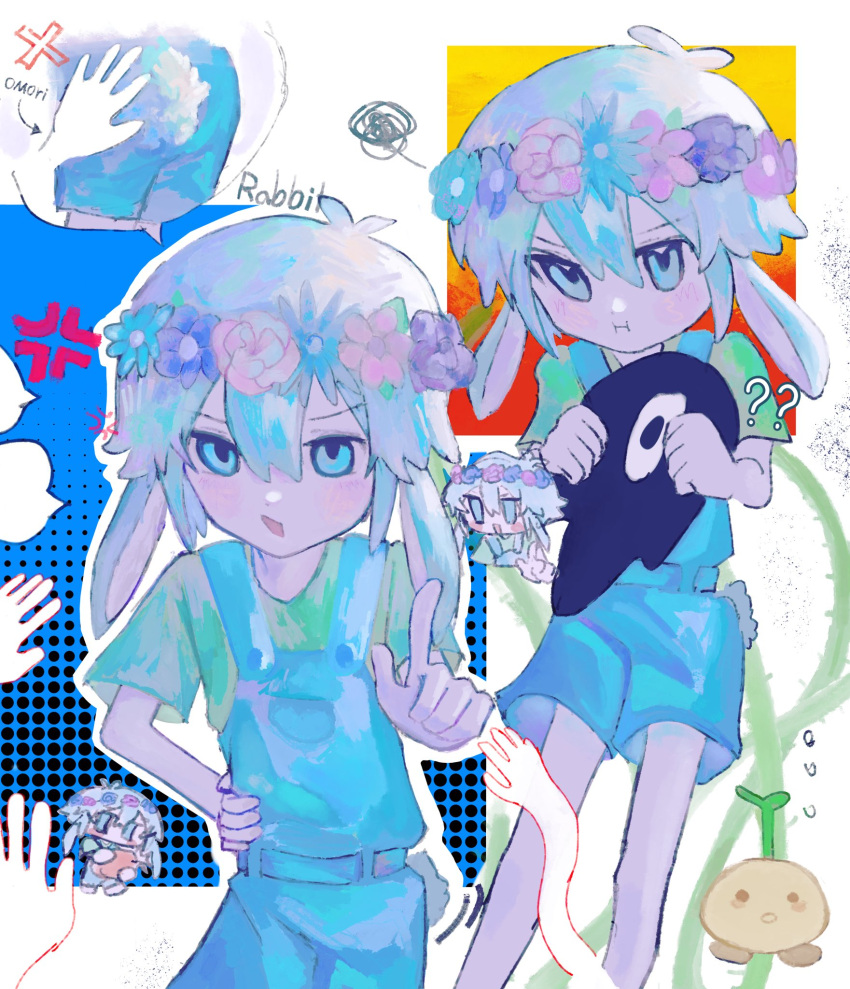 2boys ? ?? animal_ears basil_(headspace)_(omori) basil_(omori) blue_overalls colored_skin flower green_shirt hand_on_own_hip head_wreath highres index_finger_raised kemonomimi_mode looking_at_viewer multiple_boys omori omori_(omori) open_mouth overall_shorts overalls plant pout rabbit_boy rabbit_ears shirt short_sleeves something_(omori) speech_bubble sprout_mole thorns ttyyuwwuw vines white_skin