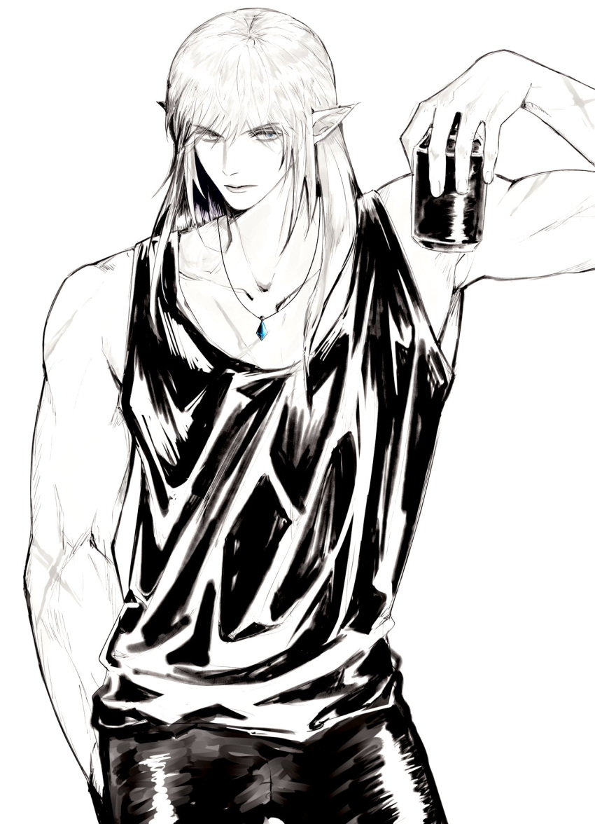 1boy bare_arms bare_shoulders bishounen black_pants black_shirt can closed_mouth elezen elf estinien_varlineau ffxivrio final_fantasy final_fantasy_xiv hair_between_eyes highres holding holding_can jewelry long_hair looking_at_viewer male_focus necklace pants pointy_ears scar scar_on_arm scar_on_chest shirt solo spot_color tank_top white_background white_hair