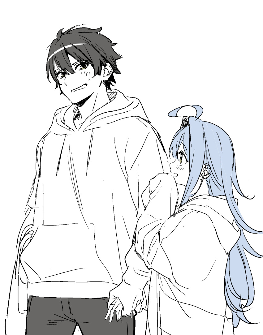 1boy 1girl ahoge blue_hair couple embarrassed hetero highres holding_hands hood hoodie kise_itsuki long_hair looking_at_another monochrome original profile simple_background sketch smile spot_color yellow_eyes