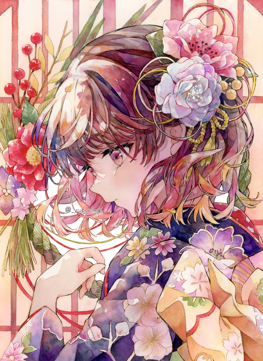 1girl blue_flower closed_mouth floral_print_kimono flower hair_flower hair_ornament highres japanese_clothes kimono looking_down multicolored_eyes multicolored_hair original painting_(medium) pink_flower solo traditional_media watercolor_(medium) yukoring