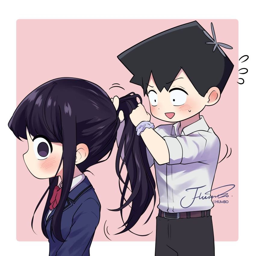 absurdres artist_name belt black_hair black_pants blazer blue_jacket blush brown_belt chibi collared_shirt commentary dress_shirt flower flying_sweatdrops from_side hair_flower hair_ornament hands_up highres holding holding_hair j_humbo jacket komi-san_wa_komyushou_desu komi_shouko long_hair long_sleeves looking_at_another looking_at_viewer motion_lines no_mouth no_nose pants pink_background ponytail profile purple_hair school_uniform shirt shirt_tucked_in signature simple_background tadano_hitohito violet_eyes white_shirt