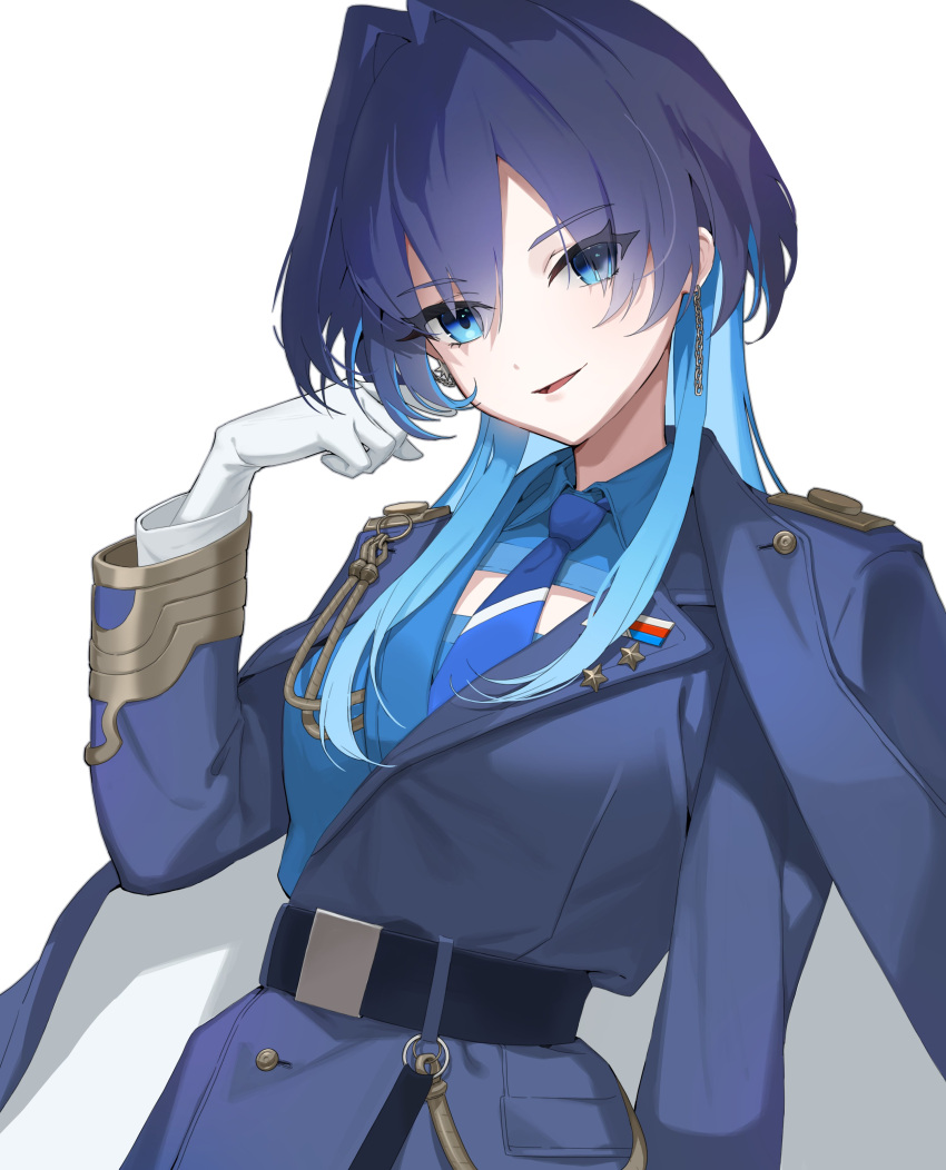 1girl absurdres belt black_belt blue_eyes blue_hair blue_necktie blue_shirt chain chain_earrings coat coat_on_shoulders collared_shirt colored_inner_hair gloves hair_intakes highres hololive hololive_english jacket lapel_pin long_hair long_sleeves looking_at_viewer medal military_uniform multicolored_hair necktie official_alternate_costume official_alternate_hairstyle ogye_01 ouro_kronii ouro_kronii_(4th_costume) parted_lips shirt simple_background solo two-sided_coat two-sided_fabric uniform virtual_youtuber white_background white_gloves wolf_cut