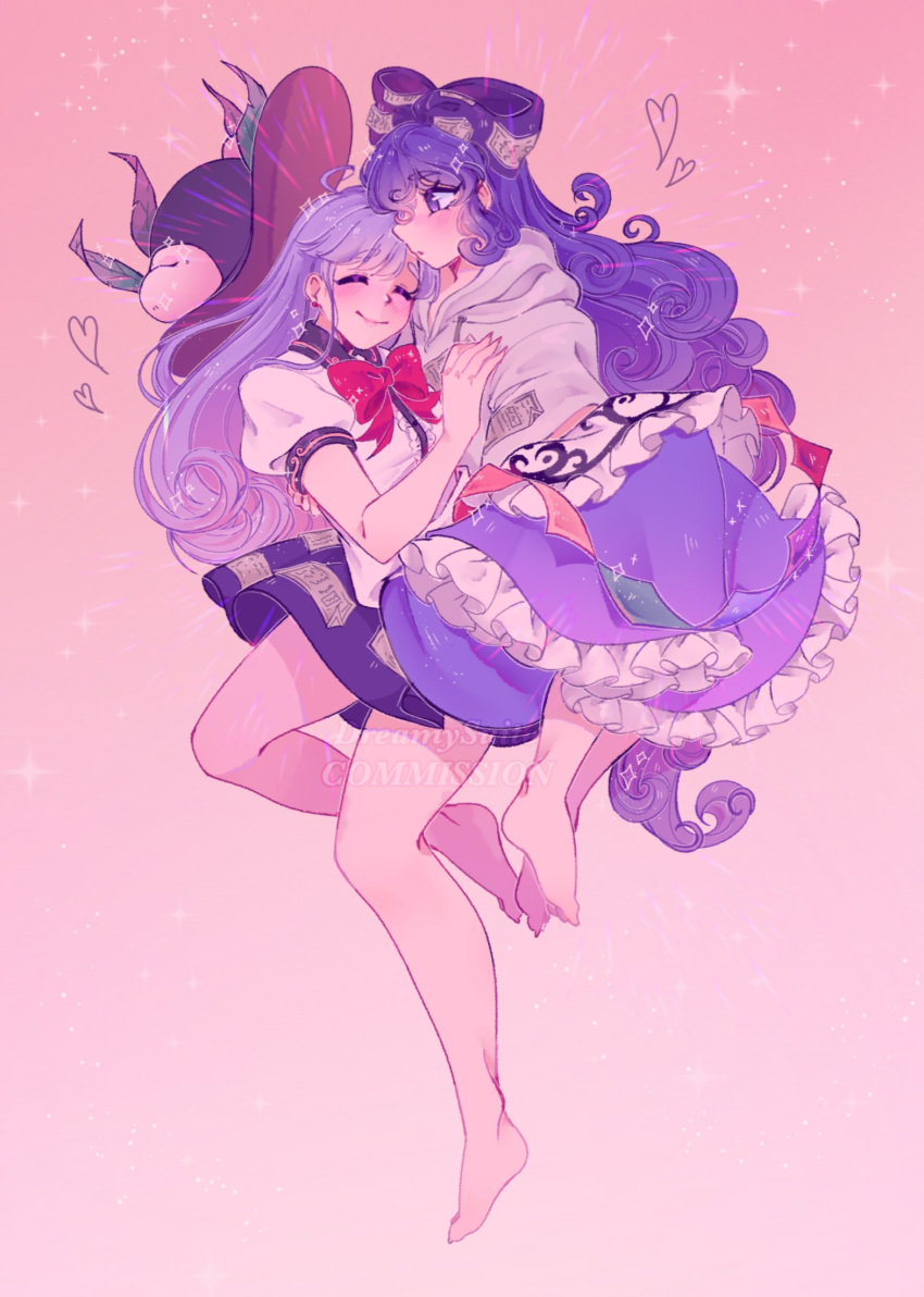 2girls bare_legs barefoot blue_bow blue_eyes blue_hair blue_skirt bow closed_eyes closed_mouth curly_hair dreamysuite frilled_skirt frills gradient_background grey_hoodie hair_bow happy heart highres hinanawi_tenshi hood hoodie juliet_sleeves long_hair long_sleeves multiple_girls peach_hat_ornament pink_background puffy_sleeves shirt simple_background skirt smile touhou very_long_hair white_shirt yorigami_shion