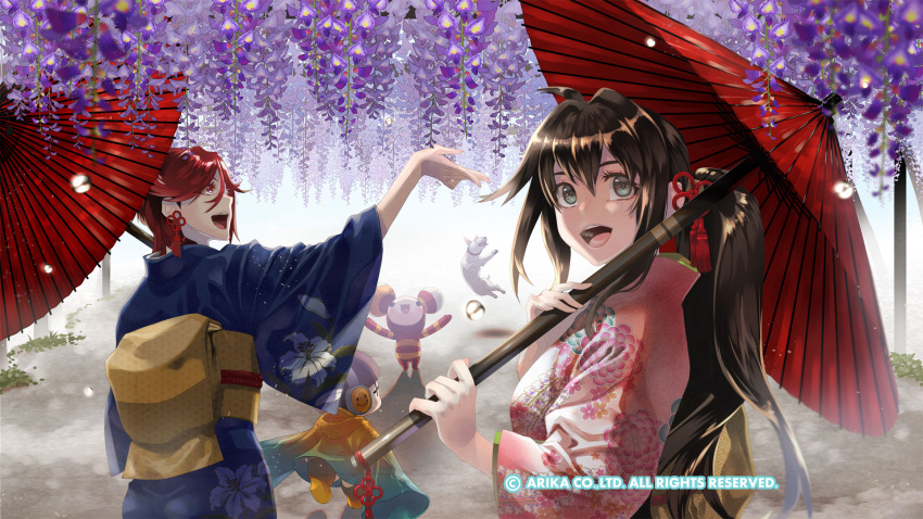 3girls arika brown_hair character_request dog fighting_ex_layer hair_ribbon highres holding holding_umbrella japanese_clothes kimono knitty_(technictix) long_hair multiple_girls nanase_(street_fighter) official_art official_wallpaper open_mouth rain_(technictix) redhead ribbon smile street_fighter street_fighter_ex_(series) technictix umbrella