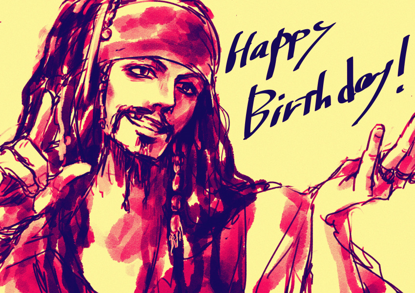 1boy absurdres abunaideka arms_up beard commentary_request facial_hair happy_birthday highres jack_sparrow jewelry long_hair looking_to_the_side male_focus pirates_of_the_caribbean ring smile solo upper_body