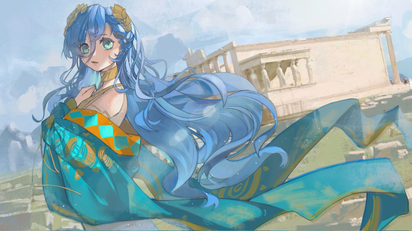 1girl 37_(reverse:1999) architecture bare_shoulders blue_hair blue_robe blue_sky dutch_angle gold_choker greco-roman_architecture hair_between_eyes hand_on_own_chest hand_up highres laurel_crown liuyang19905443 long_hair looking_to_the_side outdoors parted_lips reverse:1999 robe rock sky solo turning_head upper_body very_long_hair wind