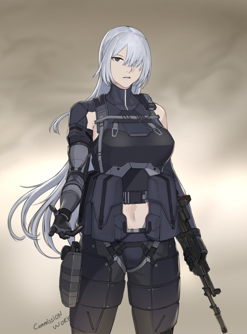 1girl ak-15 ak-15_(girls'_frontline) armor assault_rifle commission cowboy english_commentary girls_frontline grey_hair gun hair_over_one_eye handgun highres holding holding_gun holding_weapon holster holstered kalashnikov_rifle long_hair looking_at_viewer midriff navel parted_lips pouch rifle seilindekos simple_background solo straight-on tactical_clothes thigh_holster violet_eyes weapon