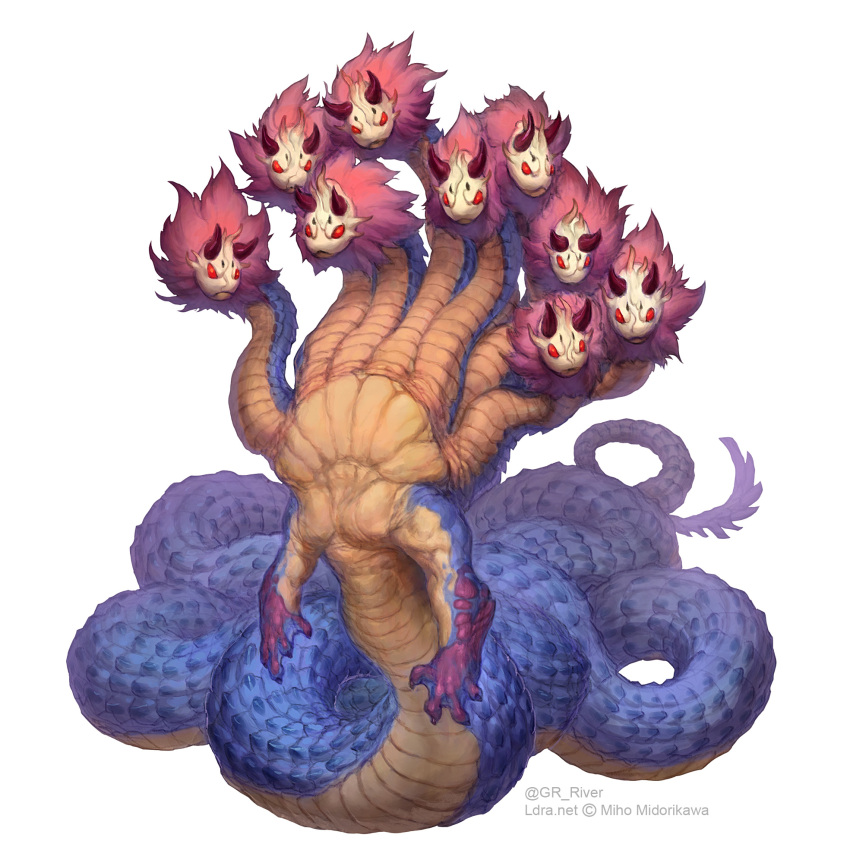 :&lt; animal_focus artist_name full_body g.river highres horns hydra monster multiple_heads no_humans original red_eyes scales simple_background solo tail white_background