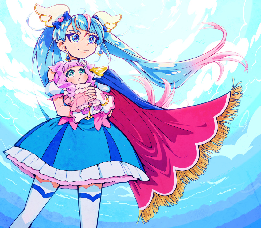 2girls aqua_eyes blue_cape blue_dress blue_eyes blue_hair blue_sky bow cape carrying child_carry closed_mouth clouds cloudy_sky commentary cure_sky cut_bangs day detached_sleeves dress dress_bow earrings ellee-chan english_commentary fingerless_gloves frilled_dress frills fringe_trim gloves gradient_hair heart highres hirogaru_sky!_precure jewelry long_hair looking_to_the_side magical_girl multicolored_hair multiple_girls outdoors pink_bow pink_hair precure puffy_detached_sleeves puffy_sleeves purple_hair red_cape short_dress single_sidelock sky sleeveless sleeveless_dress smile solo sora_harewataru star_samurai streaked_hair thigh-highs twintails two-sided_cape two-sided_fabric two-tone_dress two-tone_hair two_side_up very_long_hair white_dress white_gloves white_thighhighs wind
