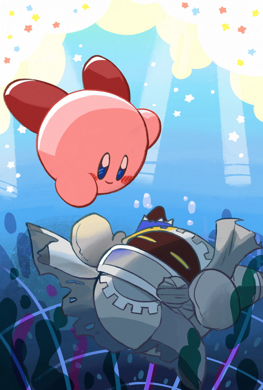 absurdres air_bubble blush_stickers bubble closed_eyes colored_skin highres kirby kirby's_return_to_dream_land_deluxe kirby_(series) leon0510 magolor magolor_epilogue no_humans pink_skin rayman_limbs reaching solid_oval_eyes star_(symbol) torn_clothes