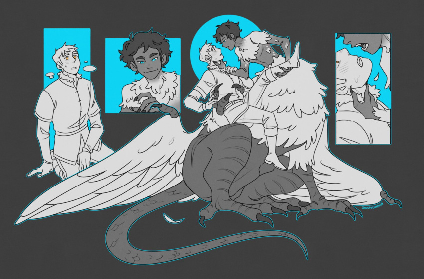 2boys arm_grab blue_background blue_eyes carrying carrying_person centauroid chimera claws commentary_request cosplay dark-skinned_male dark_skin dragon_tail dungeon_meshi falin_touden falin_touden_(chimera) falin_touden_(chimera)_(cosplay) feathered_wings feathers full_body fur-trimmed_collar fur_trim grey_background hand_on_another's_neck hands_up heavy_breathing highres kabru laios_touden leg_grab leg_up long_sleeves looking_at_another male_focus monster_boy monsterification multiple_boys multiple_views parted_lips russian_commentary senkasadva short_hair sitting spot_color tail taur very_short_hair wings yellow_eyes