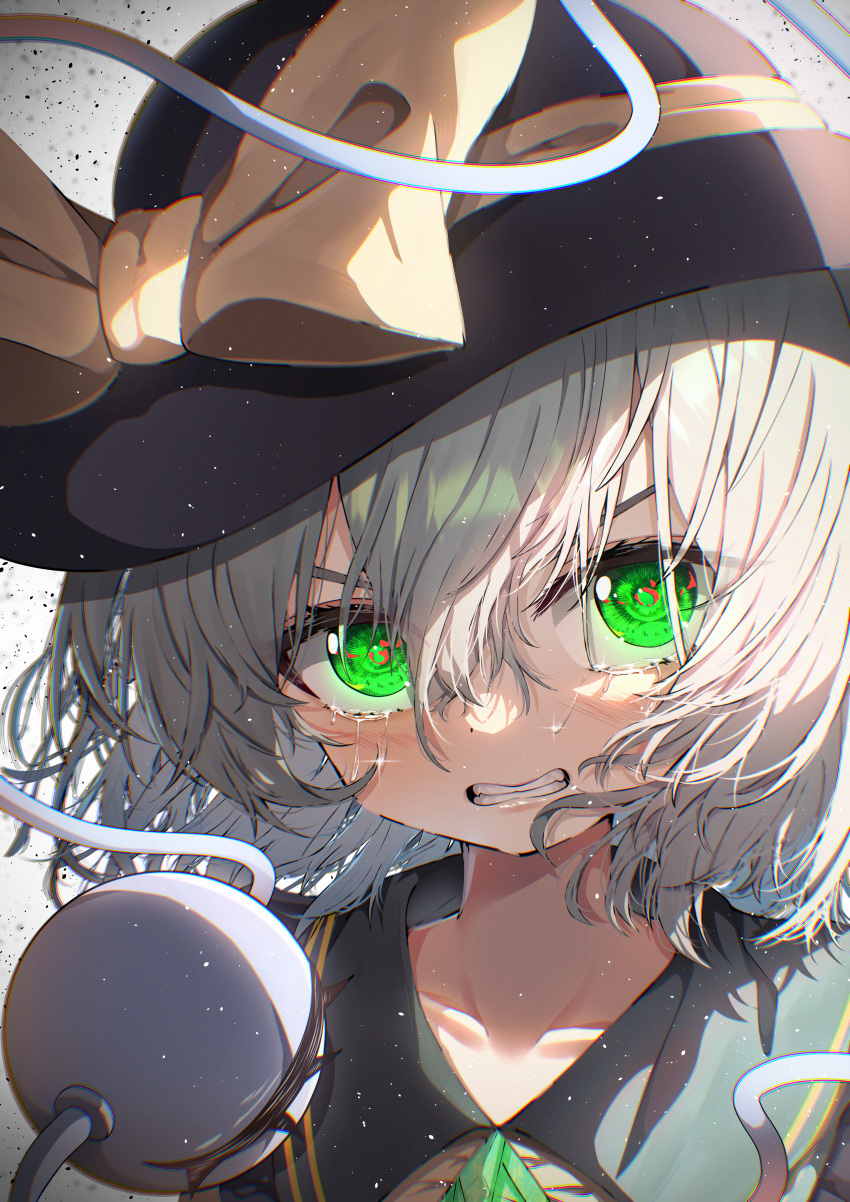 1girl absurdres black_hat blouse bow buttons close-up commentary_request dfra diamond_button eyeball frilled_shirt_collar frills green_eyes green_hair hat hat_bow hat_ribbon highres komeiji_koishi light_particles looking_at_viewer medium_hair ribbon shirt solo string tearing_up tears teeth third_eye touhou yellow_bow yellow_ribbon yellow_shirt