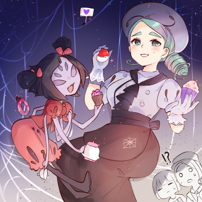 !? 2girls 2others apron arthropod_girl ascot black_hair blush bow breasts brown_apron brown_ascot brown_skirt bug buttons chef chef_hat closed_eyes colored_skin crossover cup cupcake doughnut dress extra_arms extra_eyes fangs florian_(pokemon) food frisk_(undertale) gloves green_eyes green_hair grin hair_bow hat heart highres holding holding_food holding_poke_ball holding_teapot juliana_(pokemon) katy_(pokemon) low_side_ponytail mole mole_on_cheek monster_girl muffet muffin multiple_girls multiple_others open_mouth pink_dress poke_ball poke_ball_(basic) pokemon pokemon_(creature) pokemon_sv puffy_short_sleeves puffy_sleeves purple_skin red_dress shirt short_hair short_sleeves silk skirt smile sparkle spider spider_girl spider_web spider_web_print star_(sky) sweatdrop teacup teapot twintails underbust undertale waist_apron yoru_rain