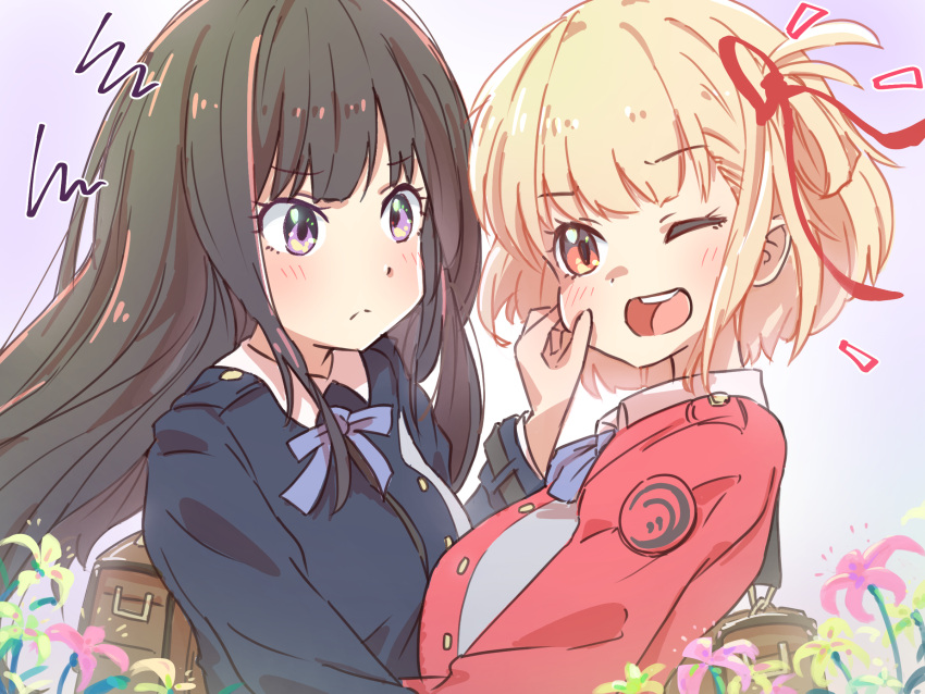 2girls ;d annoyed blonde_hair blunt_bangs blush cheek_pinching closed_mouth commentary_request eyelashes floating_hair flower frown hair_ribbon happy highres hug icorasama inoue_takina long_hair looking_at_another looking_at_viewer lycoris_recoil lycoris_uniform multiple_girls neck_ribbon nishikigi_chisato notice_lines one_eye_closed one_side_up open_mouth pinching red_eyes red_ribbon ribbon round_teeth short_hair sidelocks simple_background smile spider_lily split_mouth squiggle tareme teeth upper_body upper_teeth_only violet_eyes