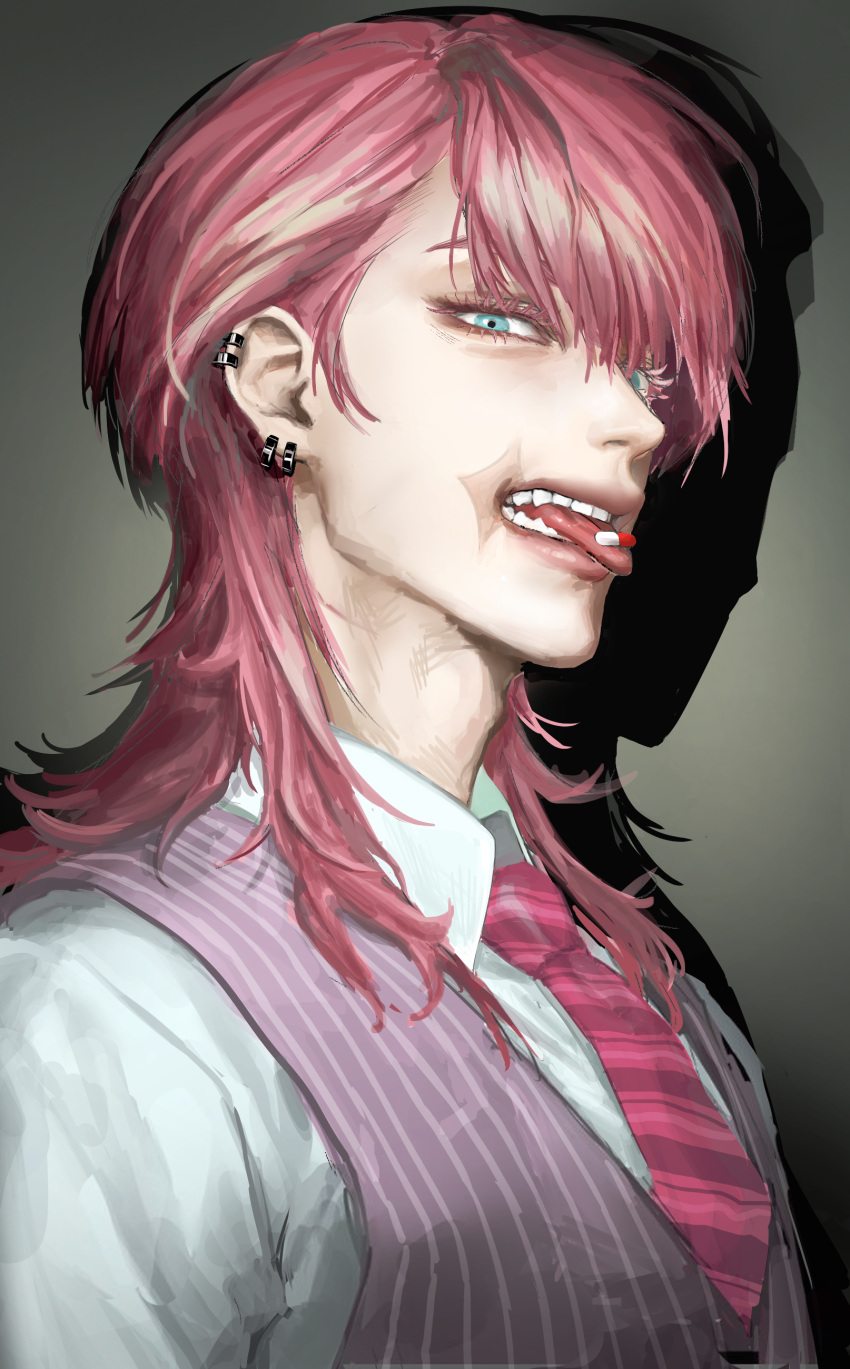 1boy absurdres aqua_eyes collared_shirt ear_piercing eyelashes from_side highres i003foryou looking_at_viewer male_focus medium_hair necktie parted_bangs parted_lips piercing pill_in_mouth pink_hair portrait purple_vest red_necktie sanzu_haruchiyo scar scar_on_face shirt solo spotlight striped_clothes tokyo_revengers tongue tongue_out vest white_shirt wolf_cut