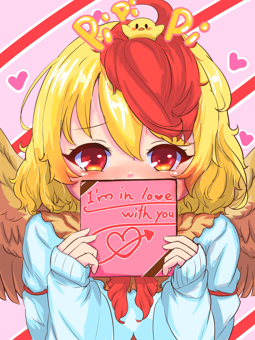 1girl absurdres animal animal_on_head bird bird_on_head bird_wings blonde_hair blush chick chicken covered_mouth dress embarrassed feathered_wings heart highres long_sleeves love_letter medium_hair multicolored_hair neckerchief niwatari_kutaka on_head orange_dress pink_background red_eyes red_neckerchief redhead shirt shy solo striped_background touhou two-tone_hair white_shirt wings yellow_wings