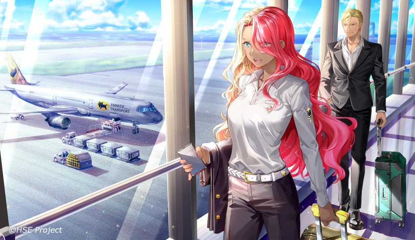 1boy 1girl aircraft airplane alice_summerwood aqua_eyes belt black_footwear blonde_hair blue_sky breasts cellphone clouds commentary_request eyes_visible_through_hair fujima_takuya hair_over_one_eye highspeed_etoile long_hair long_sleeves medium_breasts motor_vehicle multicolored_hair official_art phone redhead richard_parker_(highspeed_etoile) rolling_suitcase shirt sky smartphone suit suitcase truck white_shirt