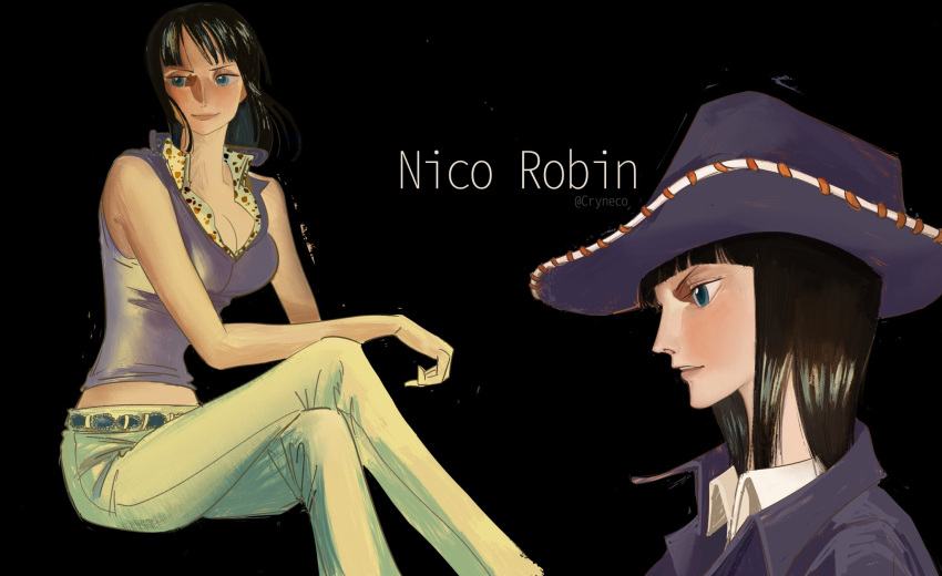1girl belt black_background black_hair blue_eyes blunt_bangs character_name collared_jacket collared_shirt cowboy_shot crop_top crossed_legs denim highres invisible_chair jacket jeans light_smile linerynlasgalen looking_ahead looking_to_the_side medium_hair multiple_views nico_robin one_piece pants profile purple_jacket shirt simple_background sitting solo straight_hair white_shirt