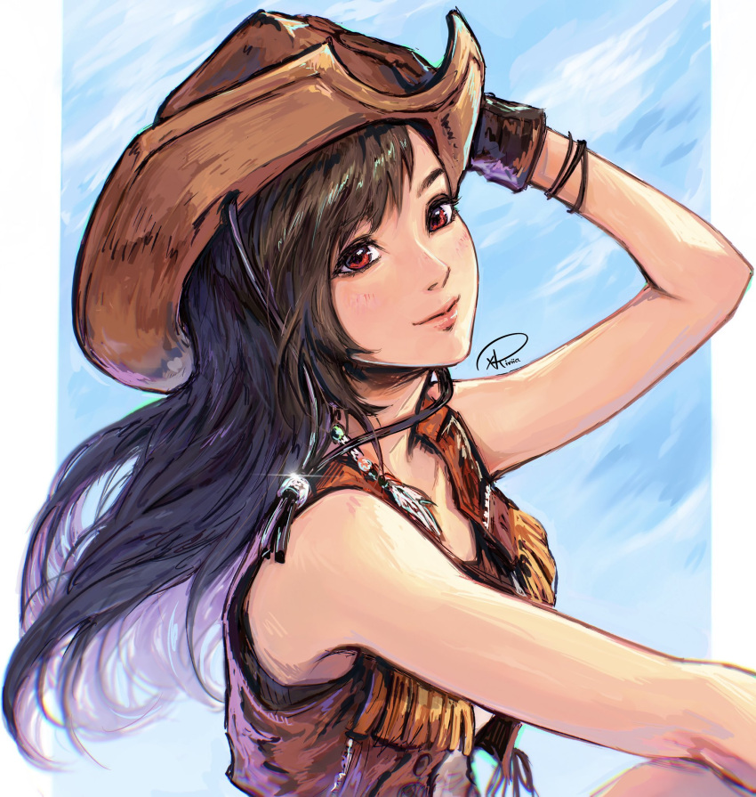 1girl bare_shoulders black_gloves black_hair blue_sky brown_headwear brown_vest closed_mouth clouds cloudy_sky commentary cowboy_hat cowgirl_(western) crisis_core_final_fantasy_vii english_commentary final_fantasy final_fantasy_vii final_fantasy_vii_rebirth final_fantasy_vii_remake floating_hair glint gloves hat highres light_blush lips long_hair looking_at_viewer pink_lips red_eyes signature sky smile solo swept_bangs tifa_lockhart tifa_lockhart_(cowgirl) upper_body vest xriviia