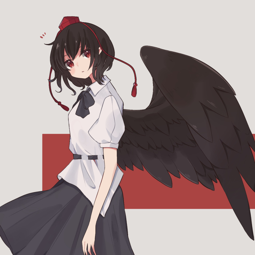 1girl asumi276 black_hair black_skirt black_wings feathered_wings hat highres looking_at_viewer notice_lines pointy_ears pom_pom_(clothes) red_eyes red_hat shameimaru_aya short_hair skirt solo tokin_hat touhou wings