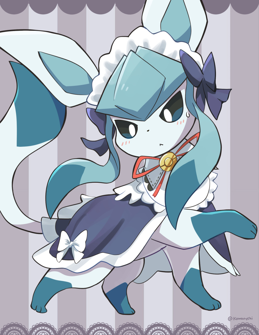 black_bow bow clothed_pokemon glaceon glaceon_(tea_party) grey_background highres komanychi looking_at_viewer maid_headdress no_humans official_alternate_costume pokemon pokemon_(creature) pokemon_unite solo striped_background two-tone_background white_bow