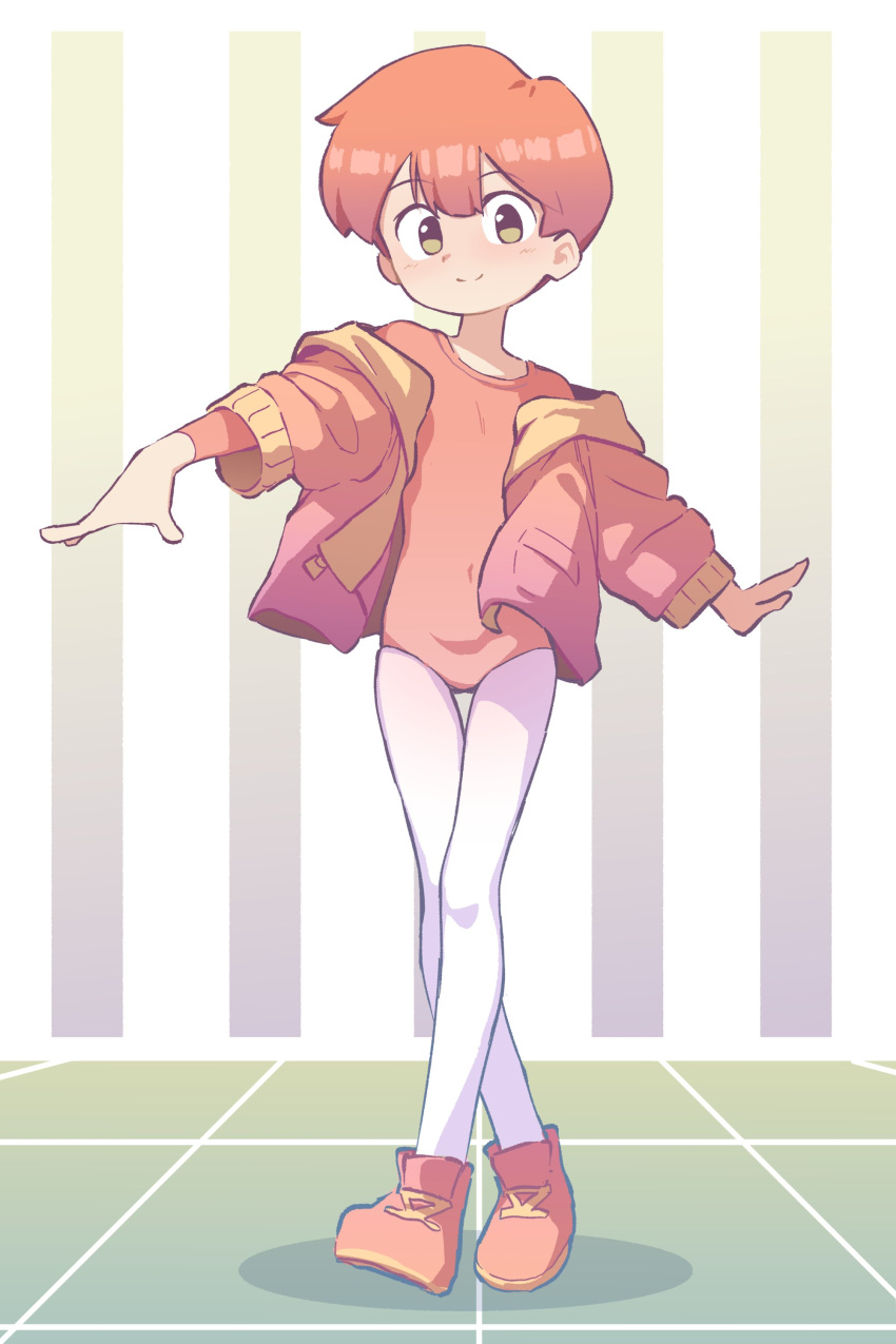 1girl absurdres flat_chest hair_between_eyes highres jacket leotard open_clothes open_jacket orange_hair orenji_(orenjipiiru) original pantyhose pink_leotard short_hair simple_background striped_background strut thigh_gap tomboy tomboy_(orenji) white_background white_pantyhose yellow_eyes