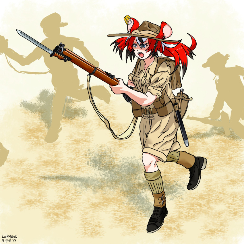 1girl animal_ears bayonet belt black_hair blue_eyes bolt_action boots brown_footwear dust_cloud english_commentary full_body gun hair_ornament hakos_baelz hat highres holding holding_gun holding_weapon hololive hololive_english lee-enfield long_hair long_sleeves lurkatwurk military military_uniform mouse_ears mouse_girl mousetrap multicolored_hair open_mouth pouch redhead rifle running scabbard sharp_teeth sheath shirt shoes silhouette smle socks solo standing streaked_hair teeth twintails uniform virtual_youtuber weapon white_hair
