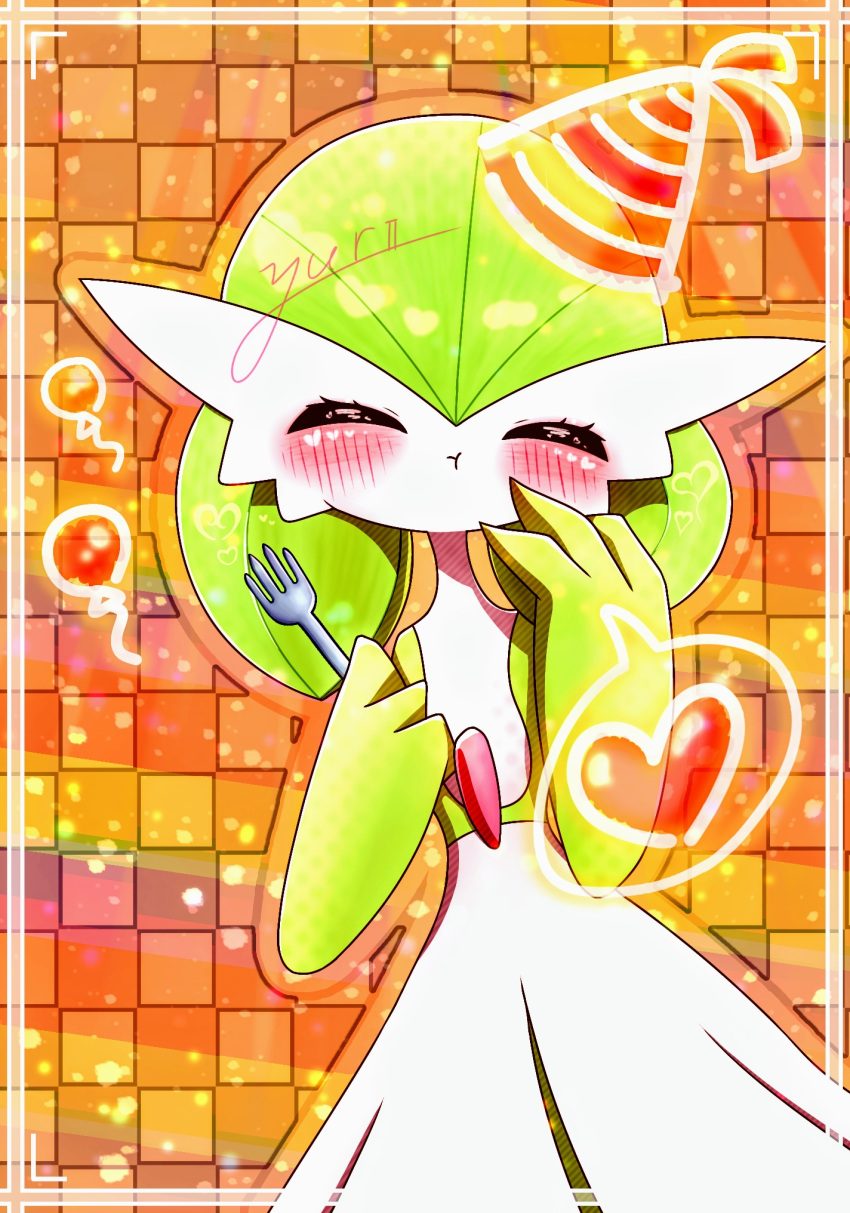 1girl :t ^_^ artist_name balloon blush bob_cut border checkered_background chewing closed_eyes closed_mouth colored_skin commentary_request eating english_commentary flat_chest fork gardevoir green_hair green_skin hand_to_own_mouth hands_up happy hat heart highres holding holding_fork mixed-language_commentary multicolored_skin orange_background orange_headwear orange_outline outside_border partial_commentary party_hat pokemon pokemon_(creature) short_hair signature solo speech_bubble spoken_heart standing textless_version two-tone_skin white_skin yuri_(fl0werspace)
