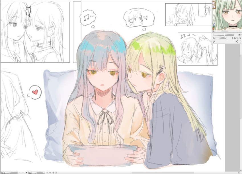 2girls bang_dream! bang_dream!_it's_mygo!!!!! blue_hair chinese_commentary commentary_request eighth_note green_hair grey_shirt hair_ornament hairclip heads_together heart holding holding_paper ki3wii long_hair multiple_girls musical_note official_art_inset paper parted_lips shirt spoken_heart togawa_sakiko wakaba_mutsumi yellow_eyes yellow_shirt yuri