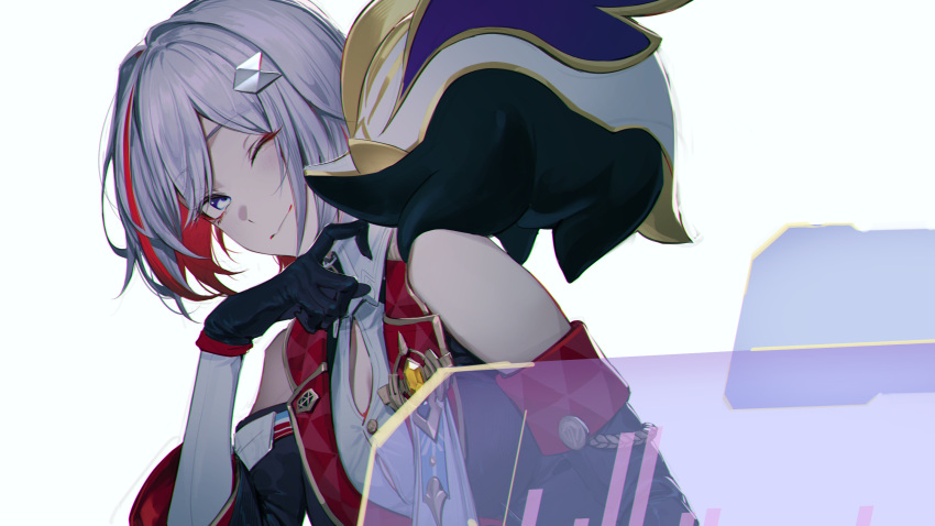 1girl bare_shoulders black_gloves blue_eyes button_gap buttons cleavage_cutout closed_mouth clothing_cutout collared_shirt colored_inner_hair detached_sleeves gloves hair_ornament highres honkai:_star_rail honkai_(series) looking_at_another medal medium_hair multicolored_hair namahamu913 numby_(honkai:_star_rail) one_eye_closed redhead shirt smile topaz_(honkai:_star_rail) trotter_(honkai:_star_rail) upper_body white_hair