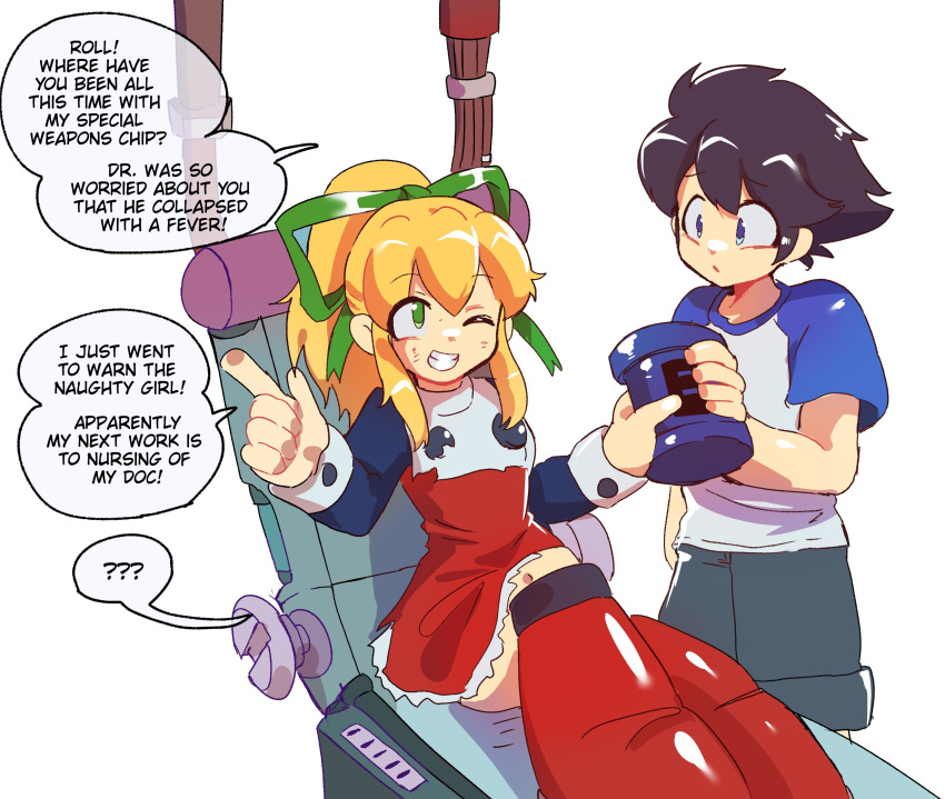 1boy 1girl android black_hair blonde_hair blue_eyes blue_shirt brother_and_sister dress english_commentary english_text green_eyes grey_shorts high_ponytail highres holding mega_man_(character) mega_man_(classic) mega_man_(series) red_dress robot_girl roll_(mega_man) shirt shorts siblings sitting speech_bubble srnhuyuno two-tone_shirt white_shirt