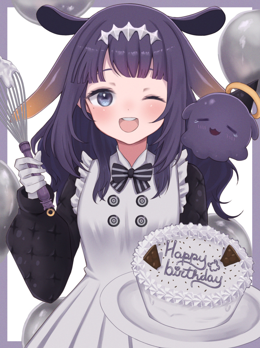 1girl ;d animal_ears apron balloon birthday_cake black_bow black_bowtie black_dress black_hair blunt_bangs blush bow bowtie buttons cake center-flap_bangs commentary dress english_commentary food frilled_apron frills gradient_hair grey_eyes hair_flaps highres holding holding_tray holding_whisk hololive hololive_english inset_border long_hair long_sleeves looking_at_viewer mole mole_under_eye multicolored_hair ninomae_ina'nis ninomae_ina'nis_(pastry_chef) nyu-tan94 official_alternate_costume official_alternate_hairstyle one_eye_closed open_mouth orange_hair pointy_ears puffy_long_sleeves puffy_sleeves quilted_dress sidelocks smile solo takodachi_(ninomae_ina'nis) teeth tentacle_hair tray upper_body upper_teeth_only virtual_youtuber wavy_hair whisk white_apron