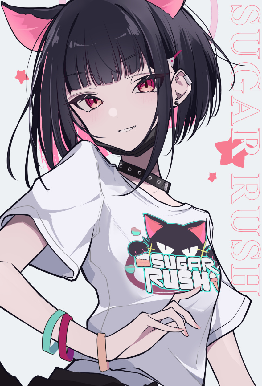 animal_ears black_choker black_hair black_mask blue_archive cat_ears choker earrings extra_ears fang grin haku_(yanhaku) halo highres jewelry kazusa_(band)_(blue_archive) kazusa_(blue_archive) light_blush logo looking_at_viewer mask mask_pull mouth_mask multicolored_hair official_alternate_costume parted_lips pink_eyes pink_hair pink_halo shirt short_hair skin_fang smile t-shirt two-tone_hair upper_body white_shirt wristband