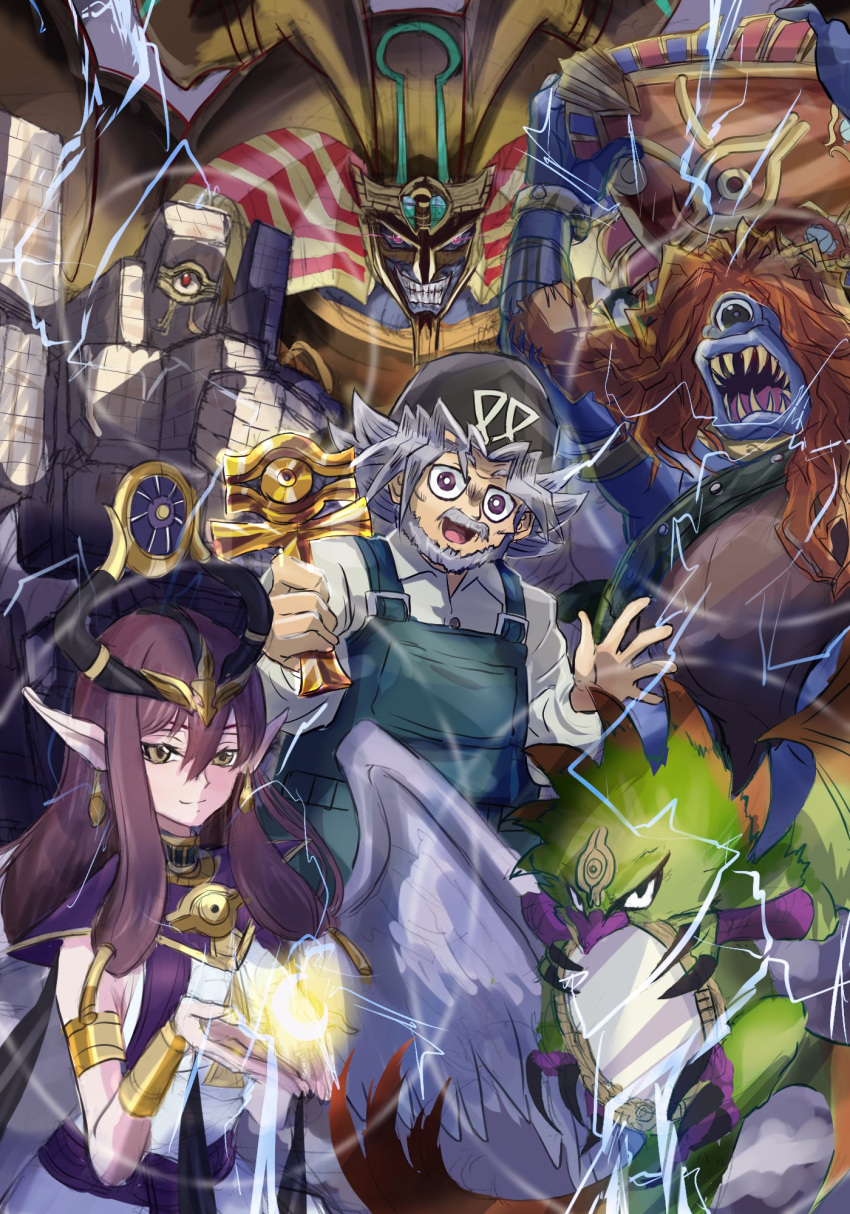 1girl bandana beak beard bird black_bandana blue_skin brown_eyes brown_hair clenched_teeth collared_shirt colored_skin crescent duel_monster earrings electricity exodia_the_forbidden_one facial_hair feathers fiend_reflection glowing glowing_eyes golem_that_guards_the_millennium_treasures green_feathers green_overalls grey_hair group_picture highres holding holding_mirror holding_shield jewelry long_hair maiden_of_the_moonlight millennium_cross millennium_fiend_reflection millennium_golem millennium_shield millenniumoon_maiden mirror monster muto_sugoroku noppe old old_man one-eyed pointy_ears sengenjin sharp_teeth shield shield_of_the_millennium_dynasty shirt sketch spiky_hair talons teeth the_caveman_that_awoke_after_a_millennium the_phantom_exodia_incarnate violet_eyes white_feathers white_shirt white_wings wings yu-gi-oh! yu-gi-oh!_duel_monsters