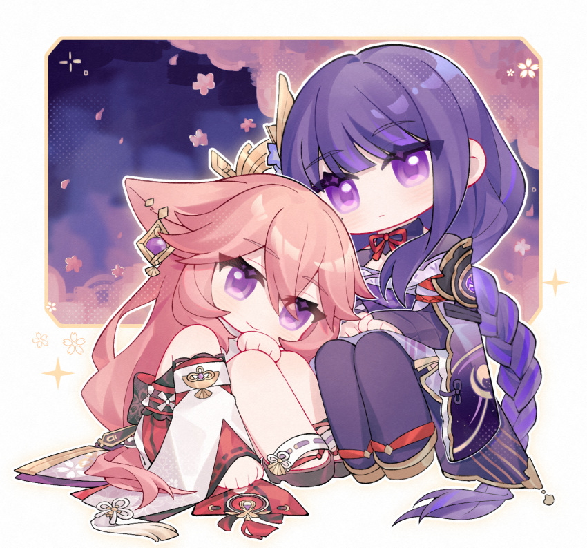 2girls animal_ears bare_shoulders blunt_bangs braid cherry_blossoms chibi closed_mouth couple earrings falling_petals genshin_impact hair_between_eyes hair_ornament hand_on_own_knee hands_on_own_thighs head_on_another's_shoulder headpiece highres japanese_clothes jewelry leaning_on_person leaning_to_the_side light_smile long_hair looking_at_viewer looking_to_the_side meitianshihuobule mole mole_under_eye multiple_girls neck_ribbon night night_sky outdoors petals pink_hair purple_hair raiden_shogun red_ribbon ribbon single_braid sitting sky violet_eyes yae_miko yuri