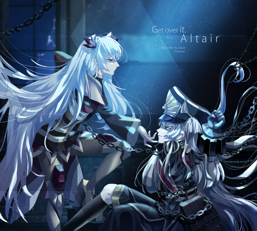 2girls altair_(re:creators) armband armored_skirt bell_sleeves belt belt_bag black_socks blue_eyes broken_glass broken_window chain chained chained_wrists clone detached_sleeves english_text expressionless gauntlets glass gold_trim hand_on_another's_chin hat highres implied_yuri indoors kneehighs lion_head_(ornament) long_hair long_sleeves medium_skirt moon_light multicolored_eyes multiple_girls platform_footwear re:creators red_armband red_eyes shako_cap single_bare_shoulder sirius_(re:creators) skirt socks twintails very_long_hair window yumiemie2333
