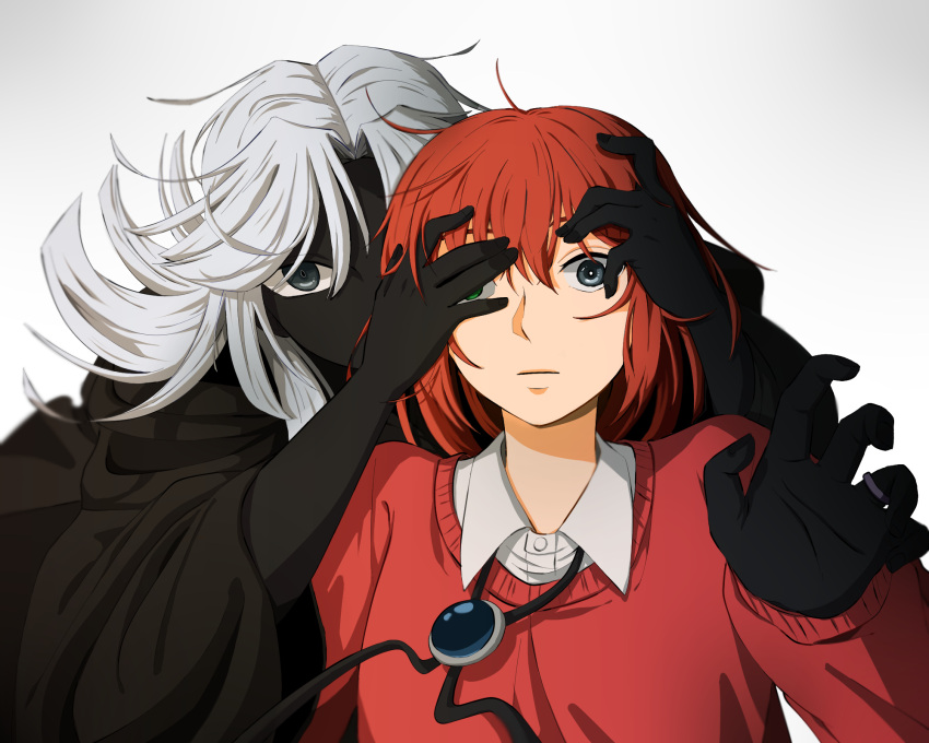 1boy 1girl black_coat black_hands black_skin bolo_tie closed_mouth coat collared_shirt colored_skin covering_another's_eyes delfuze green_eyes grey_eyes hatori_chise heterochromia highres jewelry joseph_cartaphilus long_sleeves mahou_tsukai_no_yome medium_hair red_sweater redhead ring shirt simple_background sweater white_background wide-eyed wing_collar