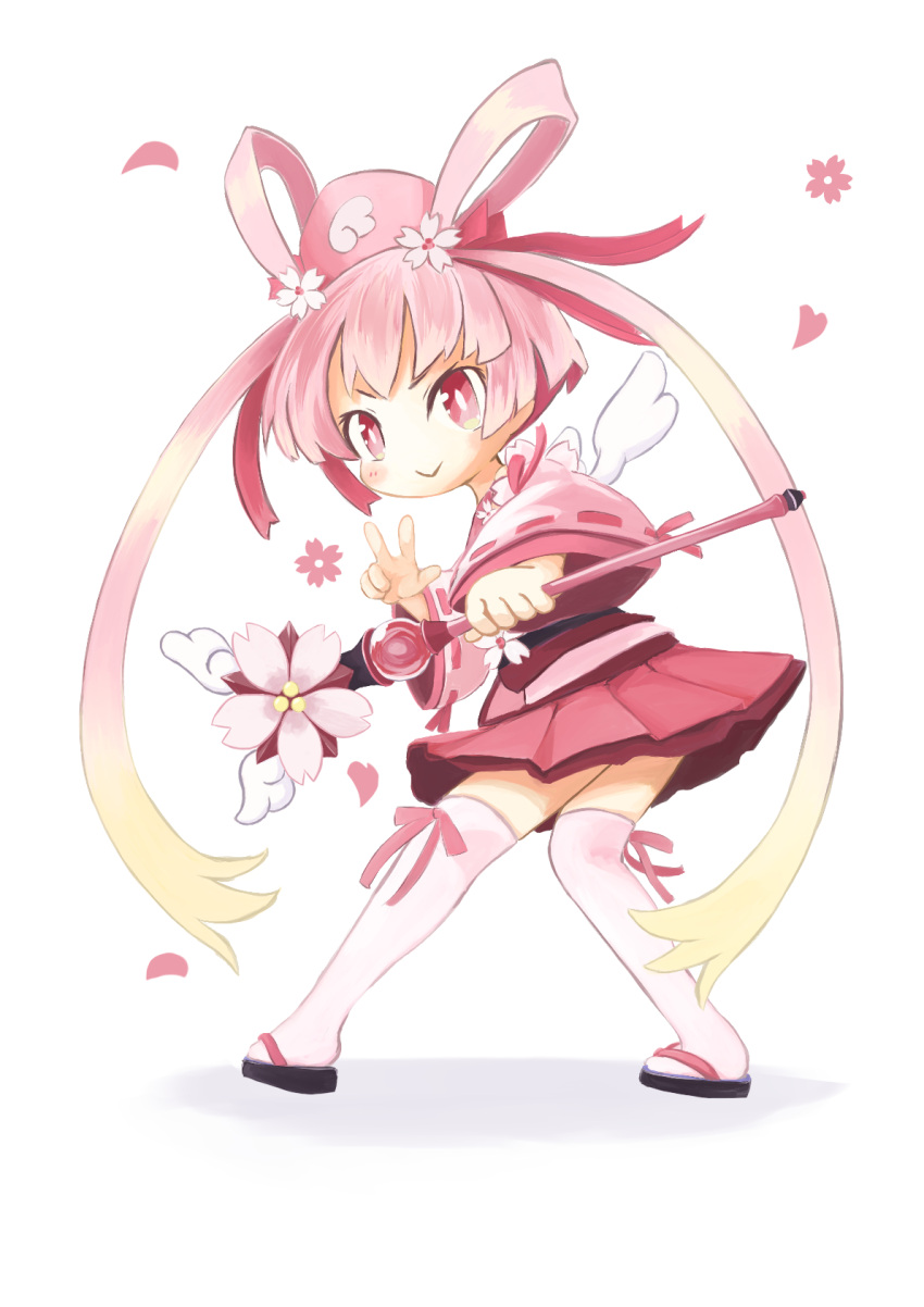 cherry_blossoms disgaea disgaea_rpg falling_petals flower flower_ornament hair_flower hair_ornament hat highres hime_cut holding holding_staff long_hair magical_girl miniskirt petals pink_eyes pink_hair pink_ribbon pink_skirt ribbon ribbon-trimmed_sleeves ribbon_trim sandals sicily_(disgaea) skirt smile staff thigh-highs v white_background white_thighhighs wings yabisara zouri