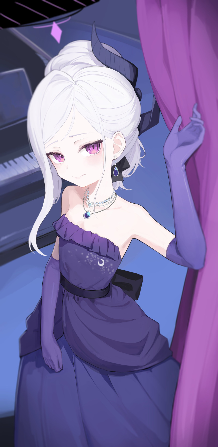 1girl absurdres axax_toast bare_shoulders blue_archive blush collarbone dress earrings elbow_gloves flat_chest gloves halo highres hina_(blue_archive) hina_(dress)_(blue_archive) horns instrument jewelry looking_at_viewer piano pink_eyes purple_dress purple_gloves solo strapless strapless_dress white_hair