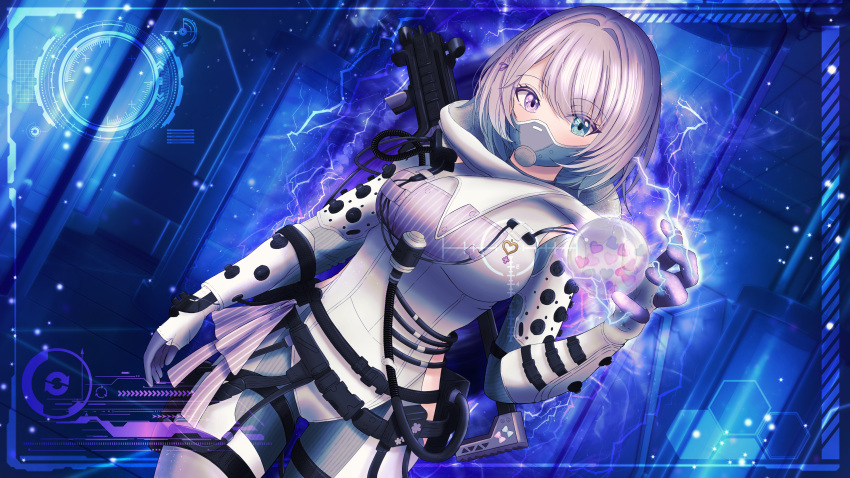 1girl absurdres amane_hina apex_legends blue_eyes breasts cosplay electricity gun hair_intakes heterochromia highres indie_virtual_youtuber looking_at_viewer mask medium_breasts mouth_mask open_hand orb portal_(object) purple_hair purple_ribbon quarantine_722_wraith r-99_smg ribbon riraranran solo submachine_gun violet_eyes virtual_youtuber weapon weapon_on_back wraith_(apex_legends) wraith_(apex_legends)_(cosplay)