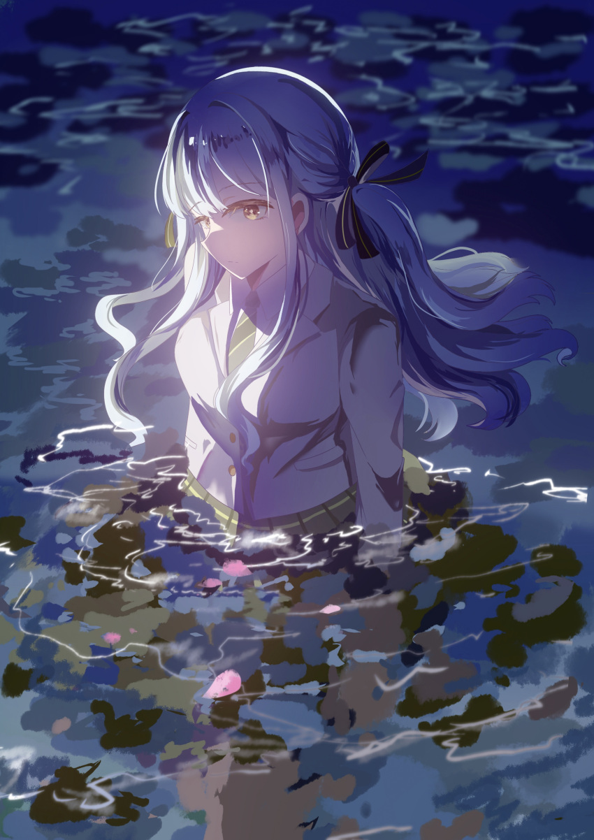 1girl absurdres bang_dream! bang_dream!_it's_mygo!!!!! black_ribbon blue_hair closed_mouth collared_shirt commentary_request expressionless green_necktie green_skirt grey_jacket hair_ribbon haneoka_school_uniform highres jacket long_sleeves necktie night outdoors partially_submerged ribbon sakana_(591359362) school_uniform shirt skirt solo togawa_sakiko two_side_up white_shirt yellow_eyes