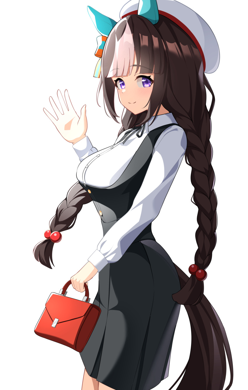 1girl absurdres alternate_costume animal_ears bag blush braid breasts brown_hair closed_mouth commentary_request cowboy_shot dress ear_covers ear_ornament handbag hat highres hokko_tarumae_(umamusume) holding holding_bag horse_ears horse_girl horse_tail long_hair long_sleeves looking_at_viewer medium_breasts multicolored_hair red_bag simple_background smile solo streaked_hair sunny_(20597521) tail twin_braids umamusume very_long_hair violet_eyes white_background white_hair white_hat