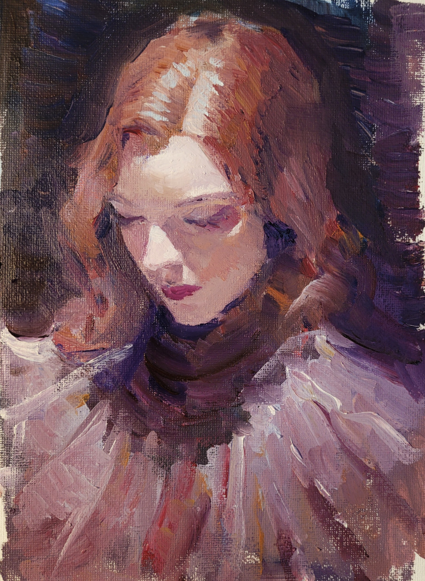 1girl abstract_background absurdres chiaroscuro closed_mouth dress faux_traditional_media forehead highres lipstick long_hair looking_down makeup oil_painting_(medium) original painting_(medium) portrait red_lips redhead solo traditional_media turtleneck upper_body yuming_li