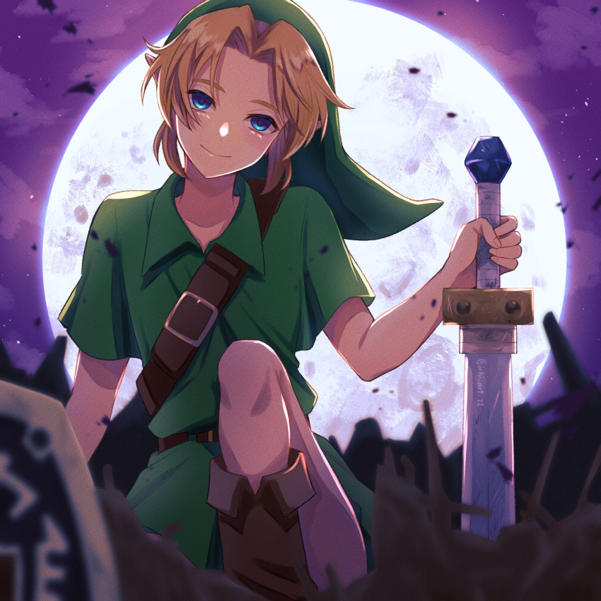 asaba_ichi blonde_hair blue_eyes boots brown_footwear full_moon green_tunic highres hylian_shield leather leather_boots link looking_at_viewer moon night night_sky phrygian_cap shield sky the_legend_of_zelda the_legend_of_zelda:_majora's_mask tunic young_link