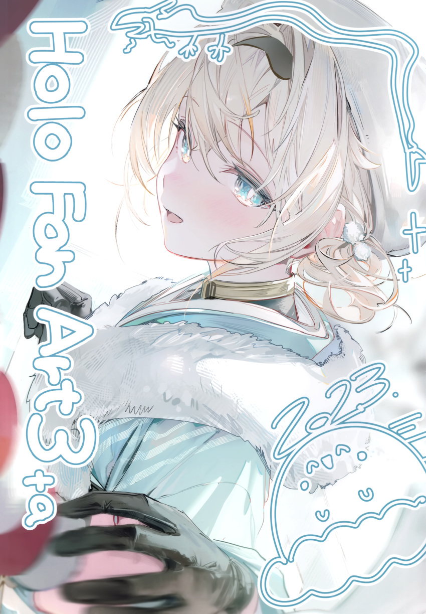 1girl absurdres black_gloves blonde_hair blue_eyes cover fur_collar gloves grabbing_another's_hand hair_between_eyes hat highres hololive kazama_iroha open_mouth pov pov_hands rope scan shimenawa short_hair solo_focus umibouzu_(niito) upper_body virtual_youtuber white_hat