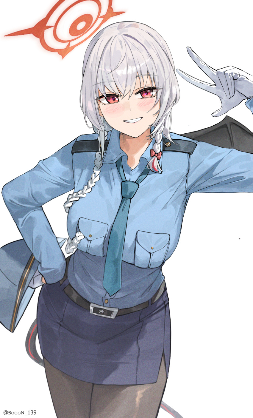 1girl absurdres ai-bon belt black_belt black_pantyhose black_wings blue_archive blue_necktie blue_shirt blue_skirt blush braid collared_shirt demon_wings gloves grey_hair grin halo haruna_(blue_archive) highres long_hair long_sleeves looking_at_viewer necktie pantyhose red_eyes red_halo shirt simple_background single_braid single_wing skirt smile solo twitter_username v white_background white_gloves wings