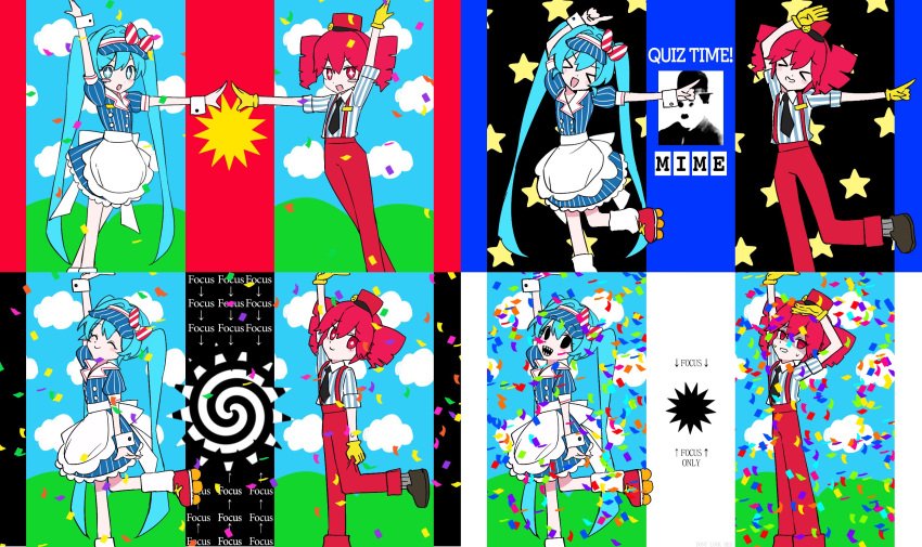&gt;_&lt; +_+ 2girls apron arm_up back_bow black_eyes black_mouth black_necktie blue_dress blue_hat bow bright_pupils charlie_chaplin confetti dress drill_hair gloves gongbbang hat hatsune_miku highres kasane_teto looking_at_viewer mesmerizer_(vocaloid) multiple_girls necktie open_mouth pink_eyes pink_hair pink_hat pinstripe_dress pinstripe_hat pinstripe_pattern puffy_short_sleeves puffy_sleeves roller_skates sharp_teeth short_sleeves skates smile sparkling_eyes standing standing_on_one_leg starry_background teeth utau visor_cap vocaloid waist_apron waitress when_you_see_it white_apron white_bow white_pupils wrist_cuffs yellow_gloves